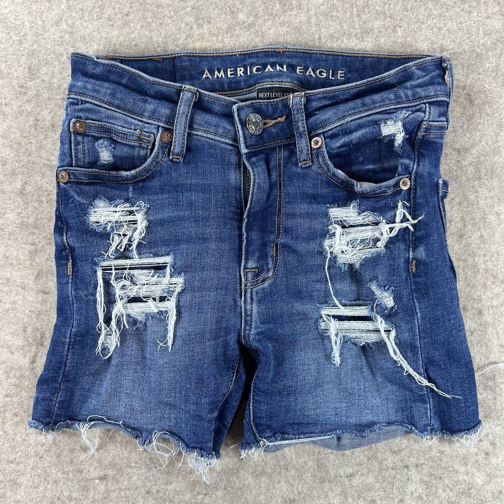American Eagle High V Rise Shortie Distressed Denim Shorts Size 00 Next Level